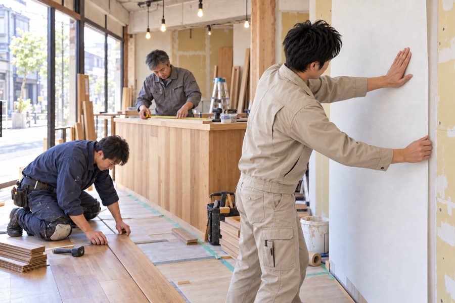 職人仲間と店舗の内装を施工する様子