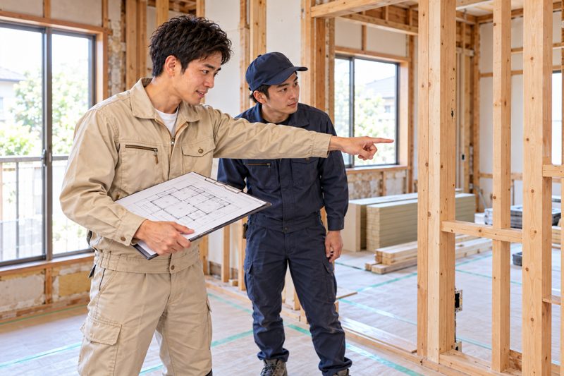 図面を手に職人と間取りを確認する代表